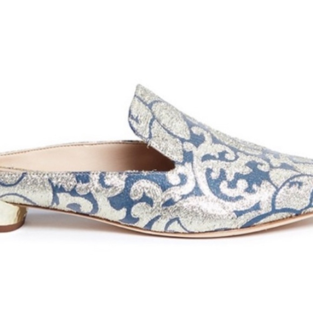 Light gold and blue brocade flat mules by Sam Edelman